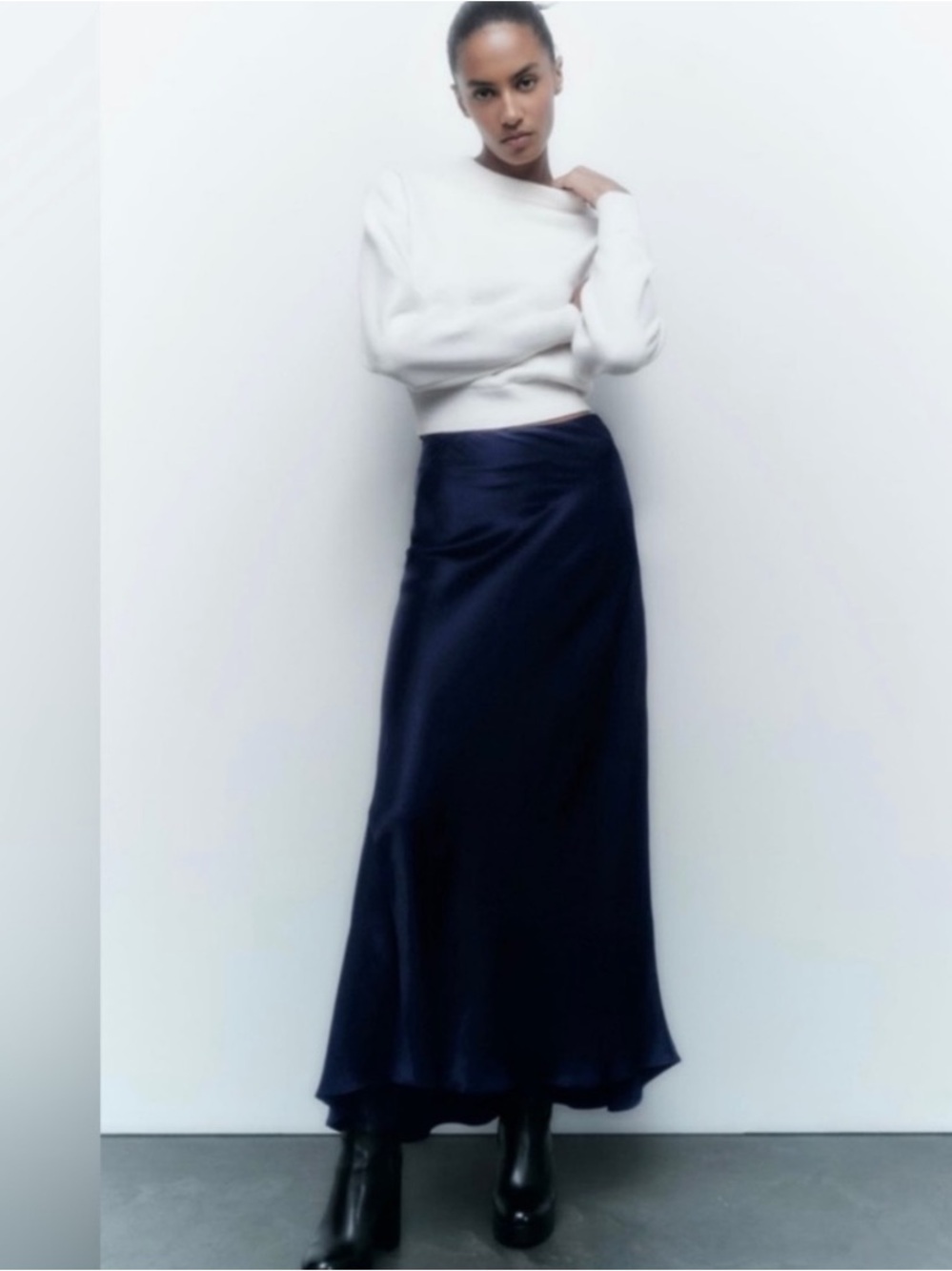 Zara Navy Satin Bias Maxi Skirt